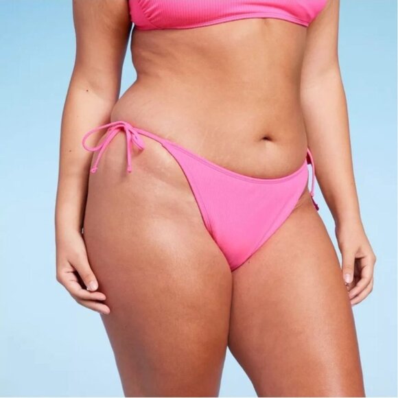 WILD FABLE BIKINI BOTTOM SIDE TIE RIBBED CHEEKY WOMEN'S XL LOW RISE HOT PINK NWT - Picture 3 of 6